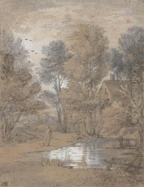 A Cottage With Trees Reflected In A Woodland Pool Oil Painting by Thomas Gainsborough