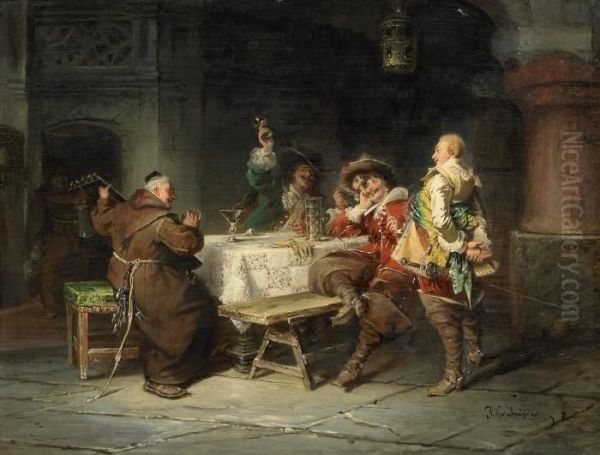 Celebration In Wine Cellar Oil Painting by Jacob Emmanuel Gaisser