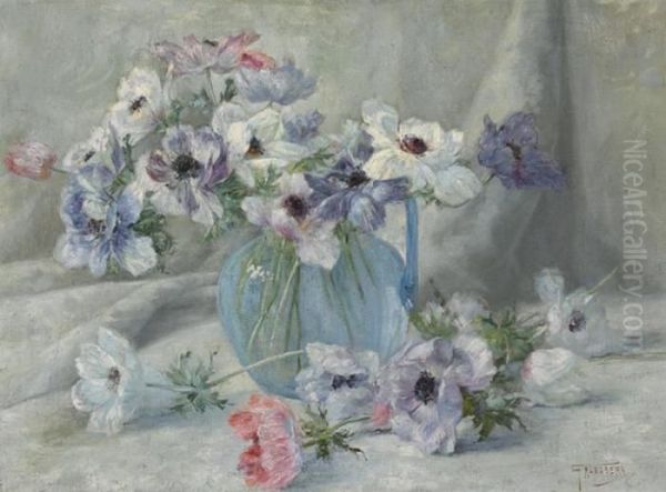 Stillleben Mit Anemonen In Blauem Glaskrug Oil Painting by Gioachimo Galbusera