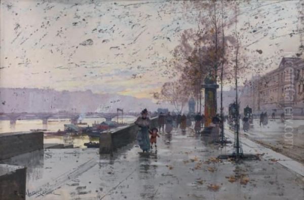 vue Des Quais De Seine Oil Painting by Eugene Galien-Laloue