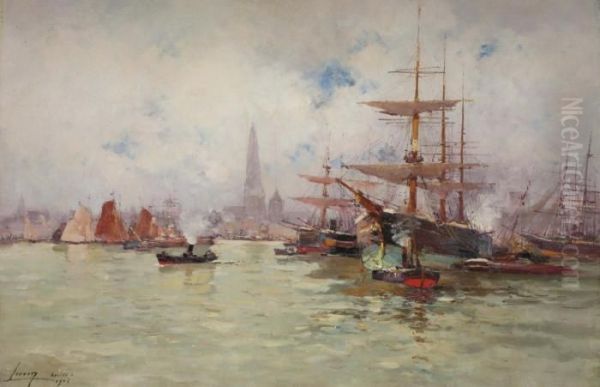 Voiliers Et Remorqueurs Au Port D'anvers Oil Painting by Eugene Galien-Laloue