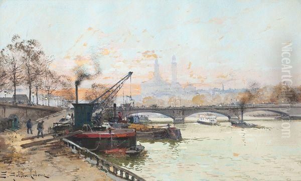 Quais De Seine, L'ancien Palais Du Trocadero En Arriere-plan Oil Painting by Eugene Galien-Laloue