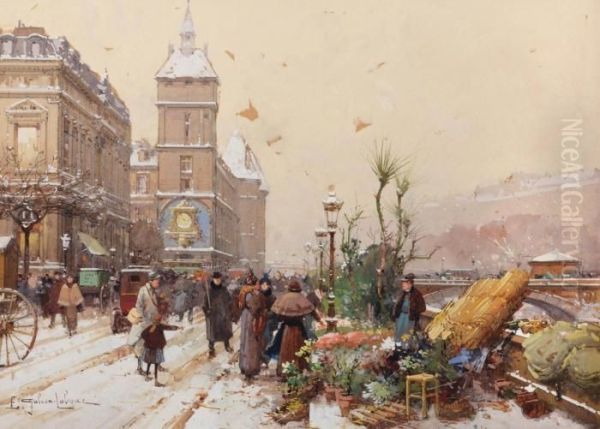 Le Marche Aux Fleurs Devant Le Palais De La Conciergerie, Paris Oil Painting by Eugene Galien-Laloue