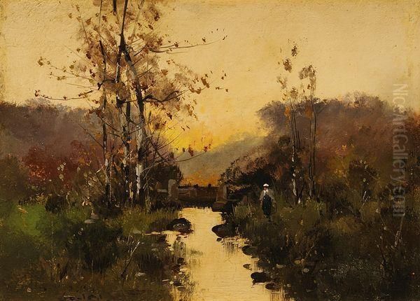 Vue De Riviere Au Coucher Du Soleil Oil Painting by Eugene Galien-Laloue