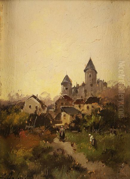 Vue De Chateau Surplombant Village Oil Painting by Eugene Galien-Laloue