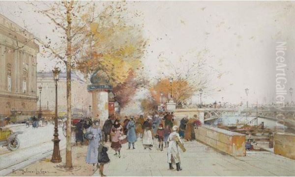 Les Quai De Louvre Oil Painting by Eugene Galien-Laloue