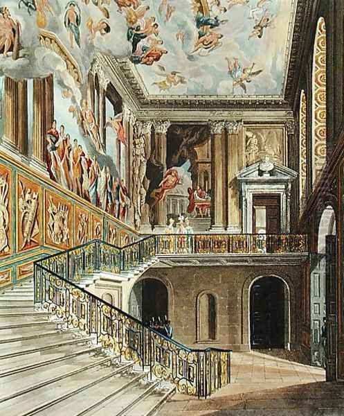 The Great Staircase at Hampton Court Palace from Pyne's 'Royal Residences' engraved by Richard Reeve (b.1780) published in 1819 Oil Painting by Charles Wild