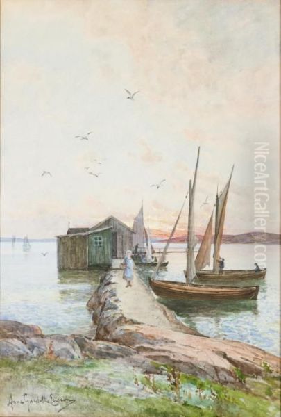 Fiskarflicka I Solnedgang Oil Painting by Anna Gardell-Ericson