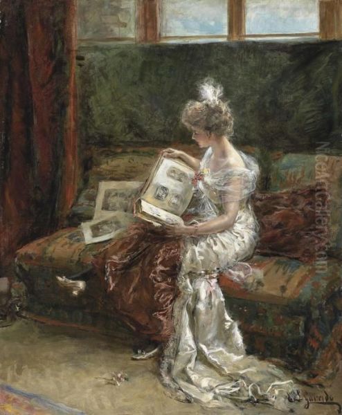 Leonie Garrido, The Artist's Wife, Looking At An Album Of Prints Oil Painting by Eduardo Leon Garrido