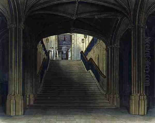 A Staircase, Windsor Castle, from Royal Residences, engraved by W. J. Bennett, pub. by William Henry Pyne (1769-1843), 1818 Oil Painting by Charles Wild