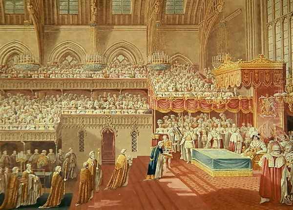 Procession of the Dean and Prebendaries of Westminster bearing the Regalia, from an album celebrating the Coronation of King George IV (1762-1830) 19th July 1821, engraved by Matthew Dubourg (fl.1786-1838) published 1824 Oil Painting by Charles Wild