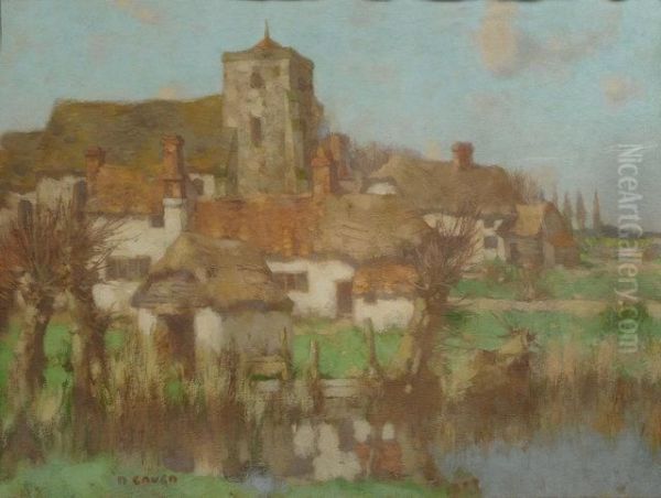 Church And Farm Cottages Beside A River Oil Painting by David Gauld