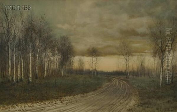 Country Road Lined With Birch Trees In Late Autumn Oil Painting by George Howell Gay