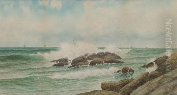 Crashing Surf, Schooners In The Distance Oil Painting by George Howell Gay