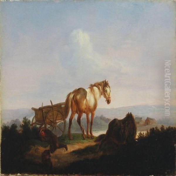 Landscape With Cart And Sleeping Peasant Oil Painting by Christian David Gebauer