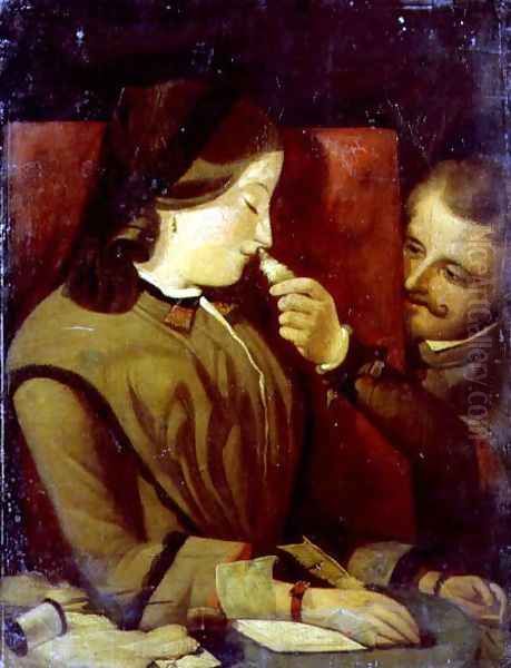 Man Tickling a Woman's Nose with a Feather, c.1860 Oil Painting by Thomas Wade