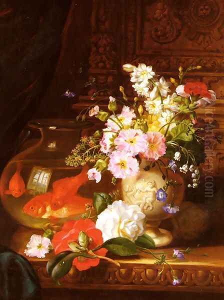 Still Life With Camellias, Primroses And Lily Of The Valley In An Urn By A Goldfish Bowl Oil Painting by John Wainwright