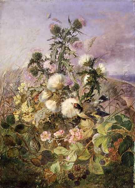 A Goldfinch and a Butterfly amongst Thistles and Blackberry Blossom, 1863 Oil Painting by John Wainwright