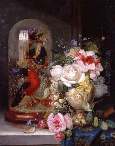 A Still Life with Roses in a Vase beside Exotic Birds in a Glass Case, 1863 Oil Painting by John Wainwright