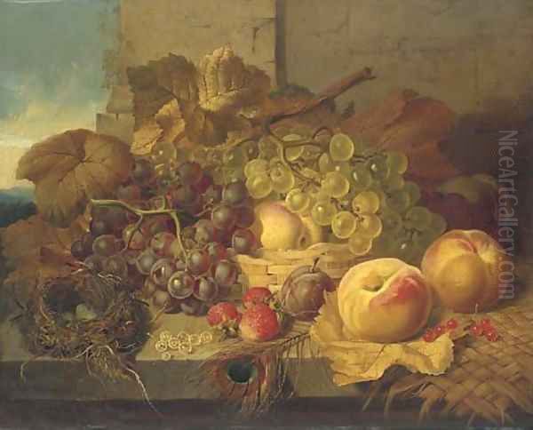 Red and white grapes in a basket, with peaches, a plum, strawberries and white currents, a bird's nest and peacock feather on a stone ledge Oil Painting by John Wainwright