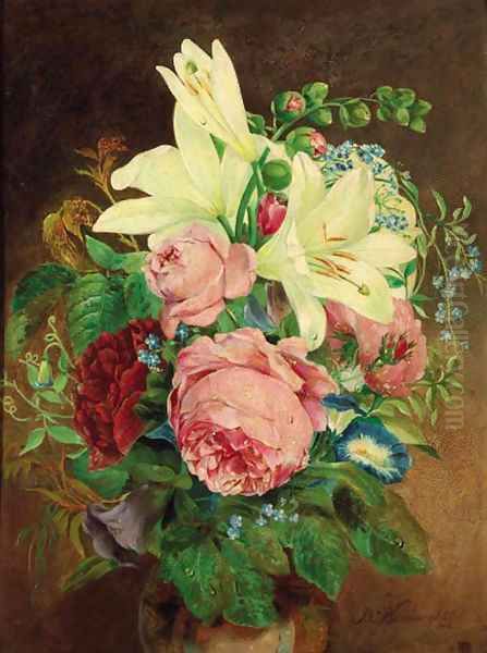 Roses, lilies, peonies, convolvulus and forget-me-nots, in a ceramic vase Oil Painting by John Wainwright