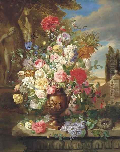 Roses, lillies, tulips, poppies and other flowers in a vase in a classical garden Oil Painting by John Wainwright