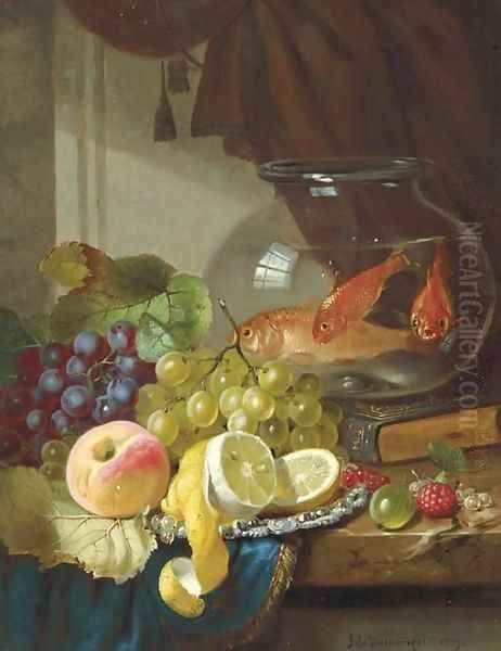 Still Life with Fruit and Goldfish in a Bowl on a Ledge Oil Painting by John Wainwright