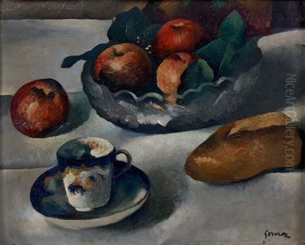 Coupe De Fruits, Pain Et Tasse De Cafe Oil Painting by Paul-Elie Gernez