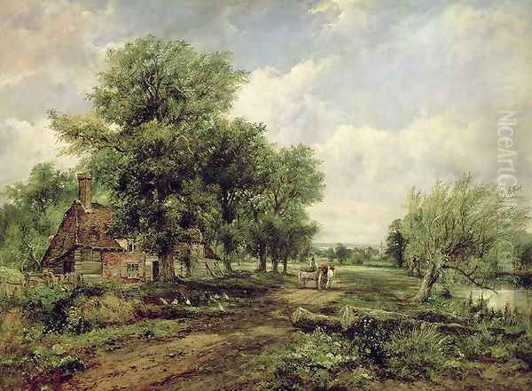 Wooded river landscape with a cottage and a horse drawn cart Oil Painting by Frederick Waters Watts