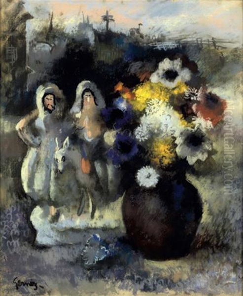 Couple Au Bouquet De Fleurs Oil Painting by Paul-Elie Gernez