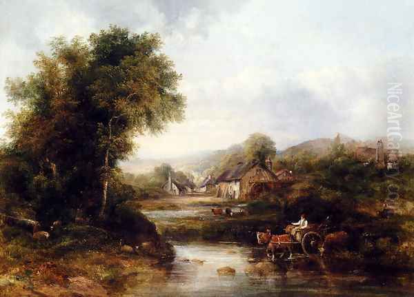 An Extensive River Landscape With A Drover In A Cart With His Cattle Oil Painting by Frederick Waters Watts