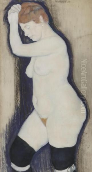 A Nude Wearing Stockings Oil Painting by Leo Gestel