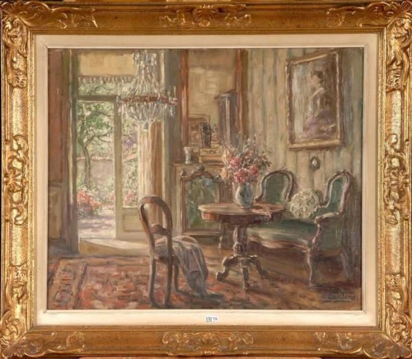 Salon Bourgeois Donnant Sur Un Jardin Fleuri Oil Painting by Albert Geudens