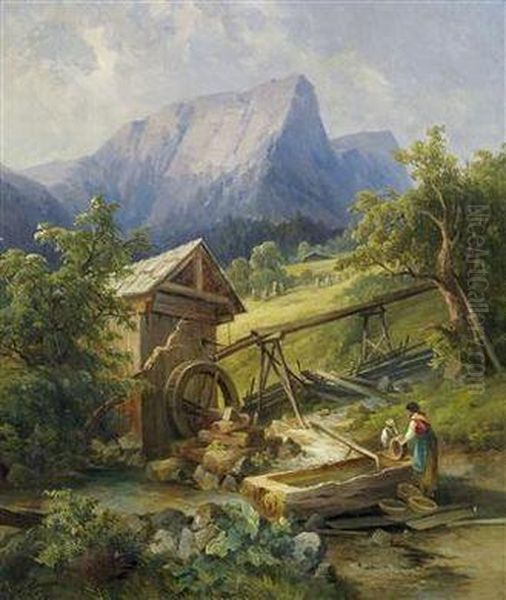 Landschaft Mit Alter Muhle Und Figuraler Staffage Oil Painting by Georg Geyer