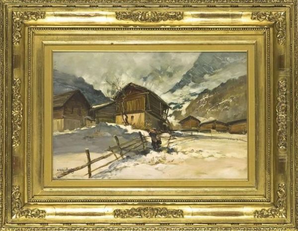 Vecchie Baite A Macugnaga Oil Painting by Cesare Gheduzzi