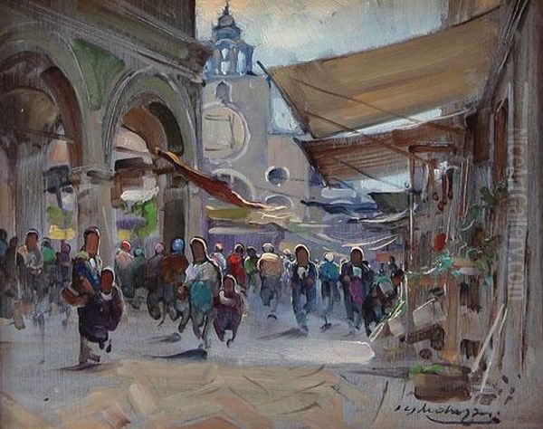 Il Mercato Del Cabene Di Ponte Di Rialto A Venezia Oil Painting by Cesare Gheduzzi