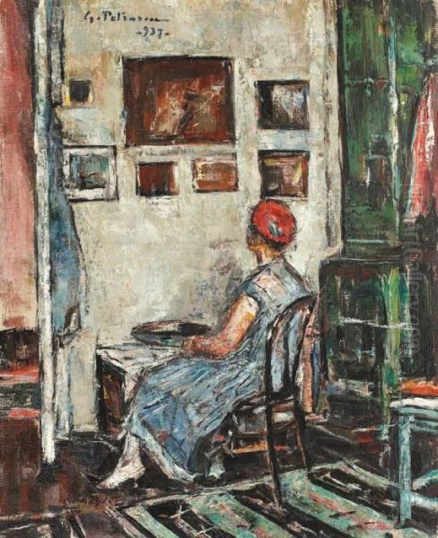 Interior De Atelier (rochia Albastra) Oil Painting by Petrascu Gheorghe