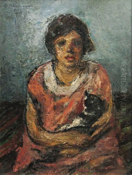 Fetita Cu Pisica Oil Painting by Petrascu Gheorghe