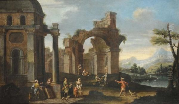 Paesaggi Con Rovine E Personaggi Oil Painting by Giovanni Ghisolfi