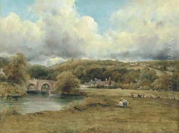 A Wooded River Landscape With A Hamlet By A Bridge, And A Village On A Hill Beyond, Traditionally Identified As Near Abingdon, Berkshire Oil Painting by Frederick Waters Watts