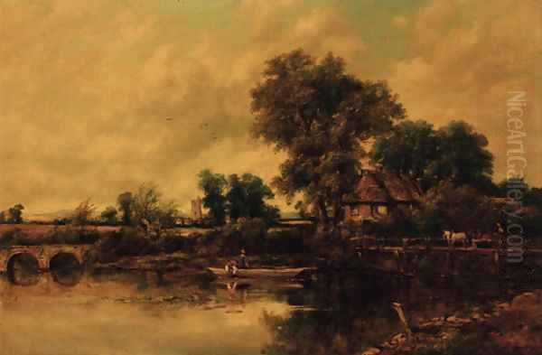 An extensive wooded river landscape with figures in a punt and a horse and cart on a bridge, a village beyond Oil Painting by Frederick Waters Watts