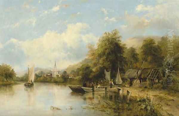 A wooded river landscape with a ferry in the foreground and a village beyond, traditionally identified as 'On the Stour' Oil Painting by Frederick Waters Watts