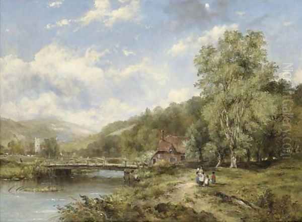 A Wooded River Landscape, With Figures On A Path By A Bridge, A Village Beyond Oil Painting by Frederick Waters Watts