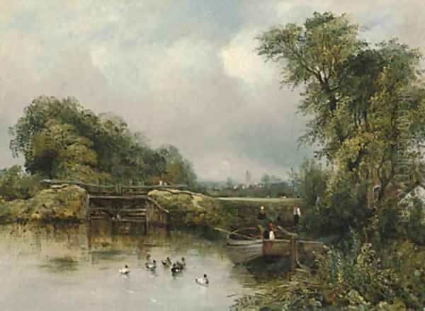 A wooded river landscape with a barge by a lock, a village beyond Oil Painting by Frederick Waters Watts