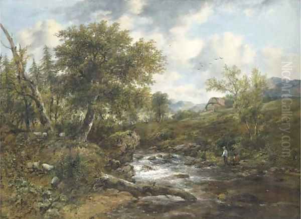 A wooded river landscape with fishermen and sheep on the banks, a cottage beyond Oil Painting by Frederick Waters Watts