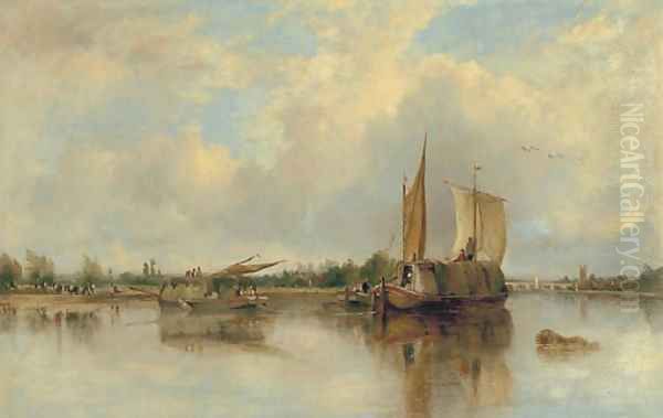 View of barges on the Thames with Henley beyond Oil Painting by Frederick Waters Watts