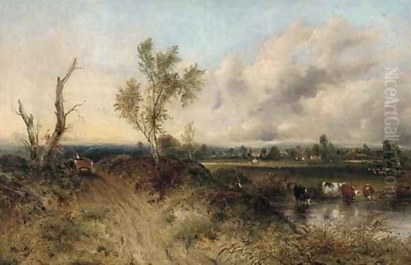 A drover with cattle watering in a extensive landscape Oil Painting by Frederick Waters Watts