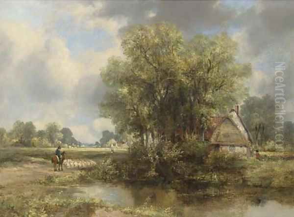 A Wooded Landscape With A Cottage By A Pond And A Figure And Sheep On A Path Oil Painting by Frederick Waters Watts