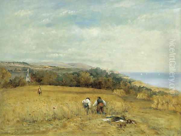 Harvesters in a cornfield on the Isle of Wight, Flambro castle beyond Oil Painting by Frederick Waters Watts