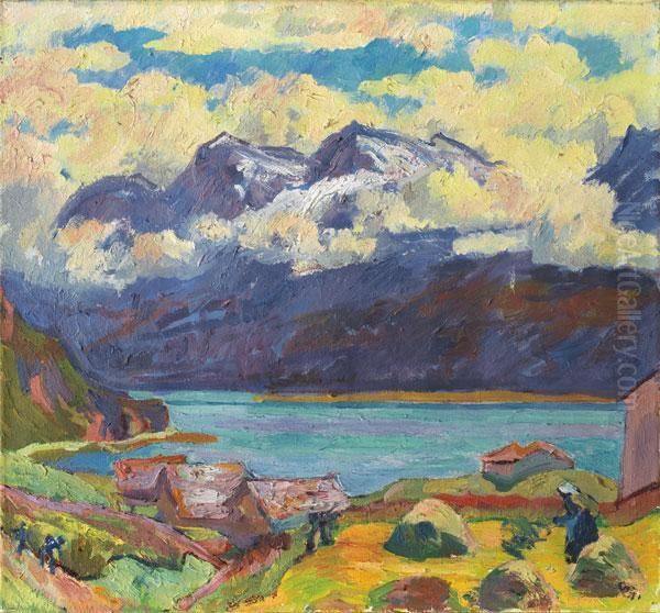 Morgenstimmung - Stalle Und 
Heuerin In Capolago Mit Blick Auf Den Silsersee Und Den Corvatsch Oil Painting by Giovanni Giacometti